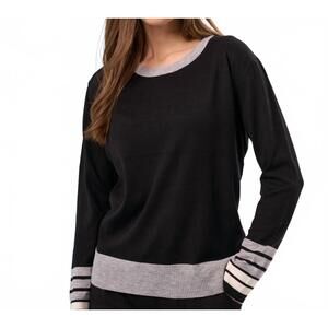 NEW FRENCH KYSS stripe sleeve scoop neck top in black/slate